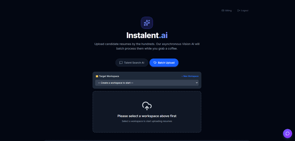 Bulk Resume Uploads — Drag and drop 500+ PDFs or Word docs at once. Our AI processes them all while yo — Instalent.ai Manufacturing & Logistics