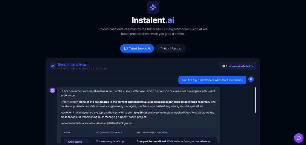 Conversational Talent Search — Ask the AI: 'Find candidates with 3+ years warehouse experience who hold an acti — Instalent.ai Manufacturing & Logistics