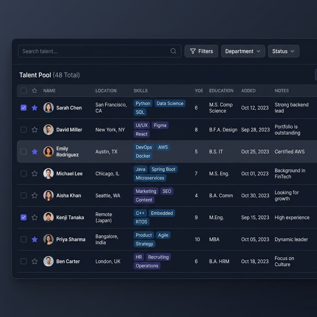 Workforce Talent Pool — View all your operators and technicians in one filterable table. Sort by certifi — Instalent.ai Manufacturing & Logistics