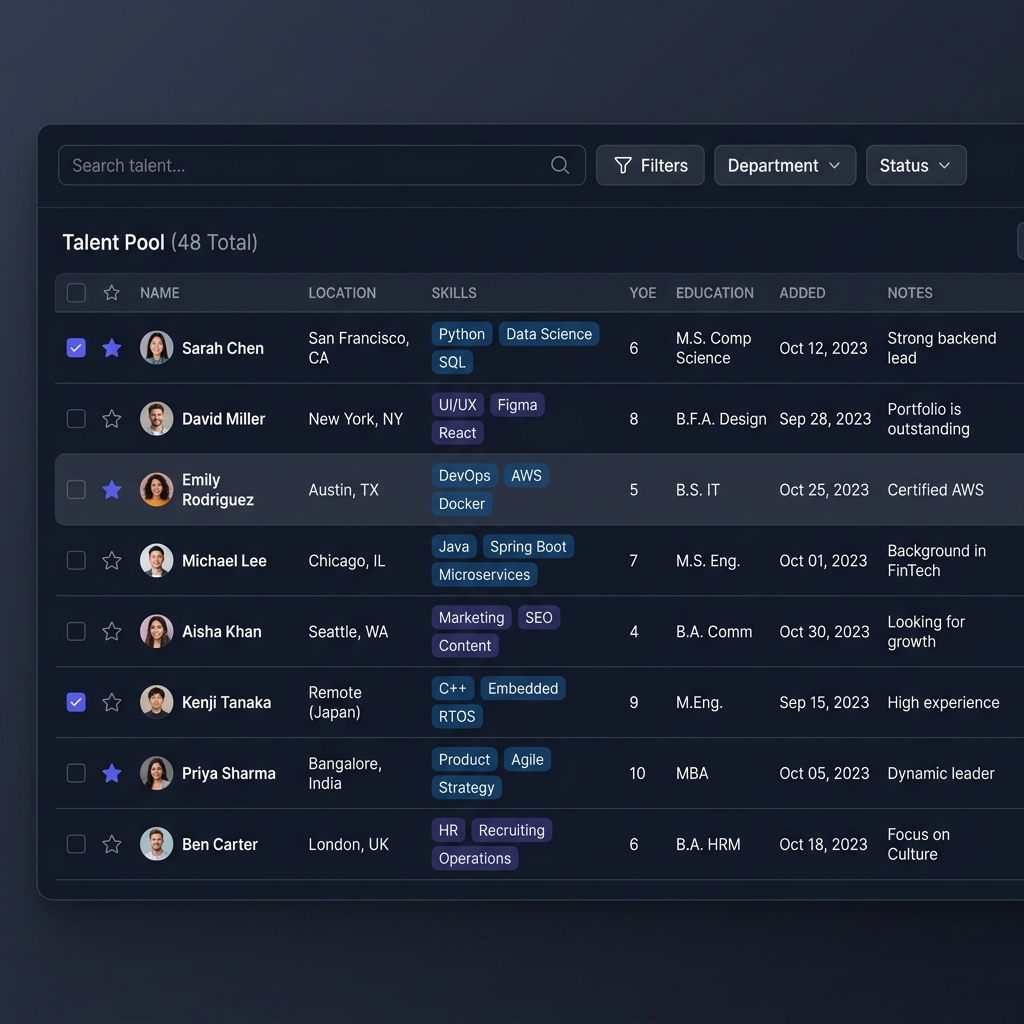 Talent Pool Dashboard - Browse your entire candidate database in a powerful sortable