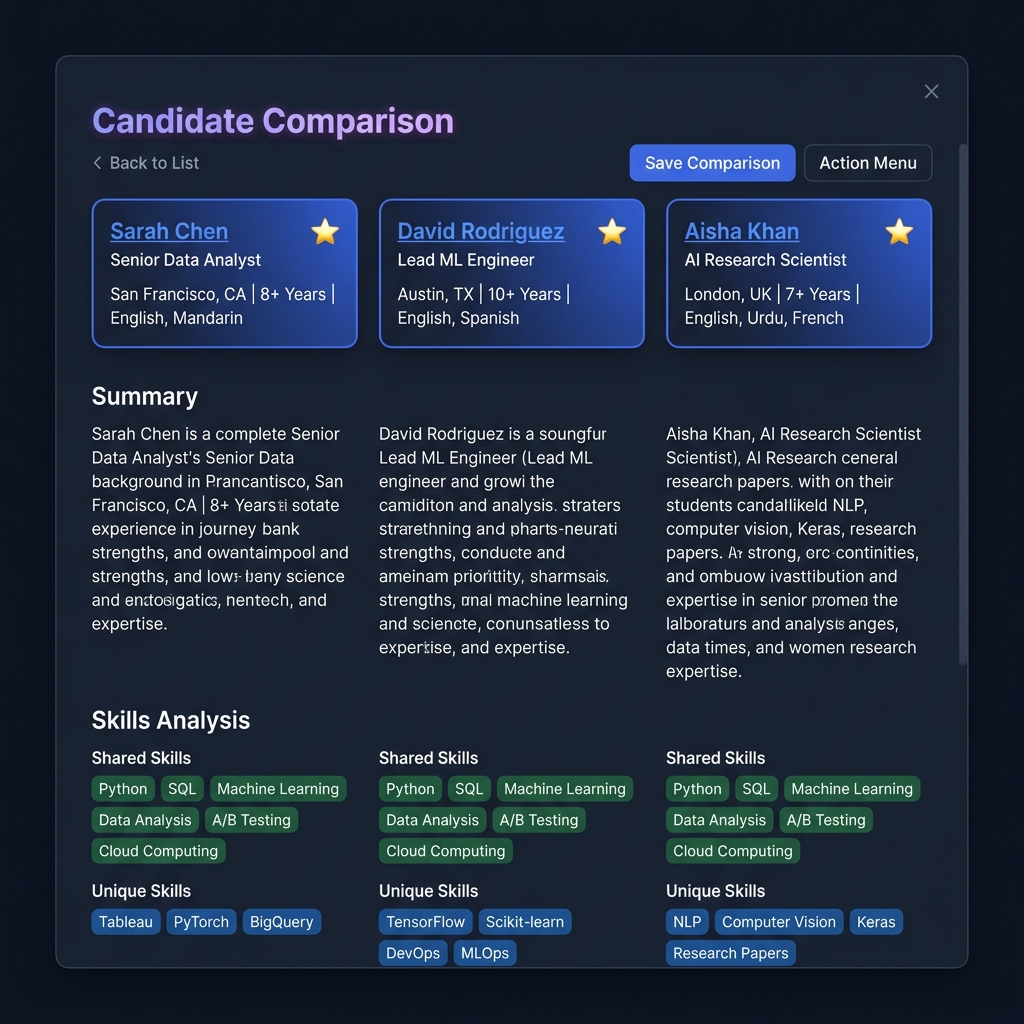 Side-by-Side Comparison - Select up to 4 candidates and compare them head-to-head. Ins